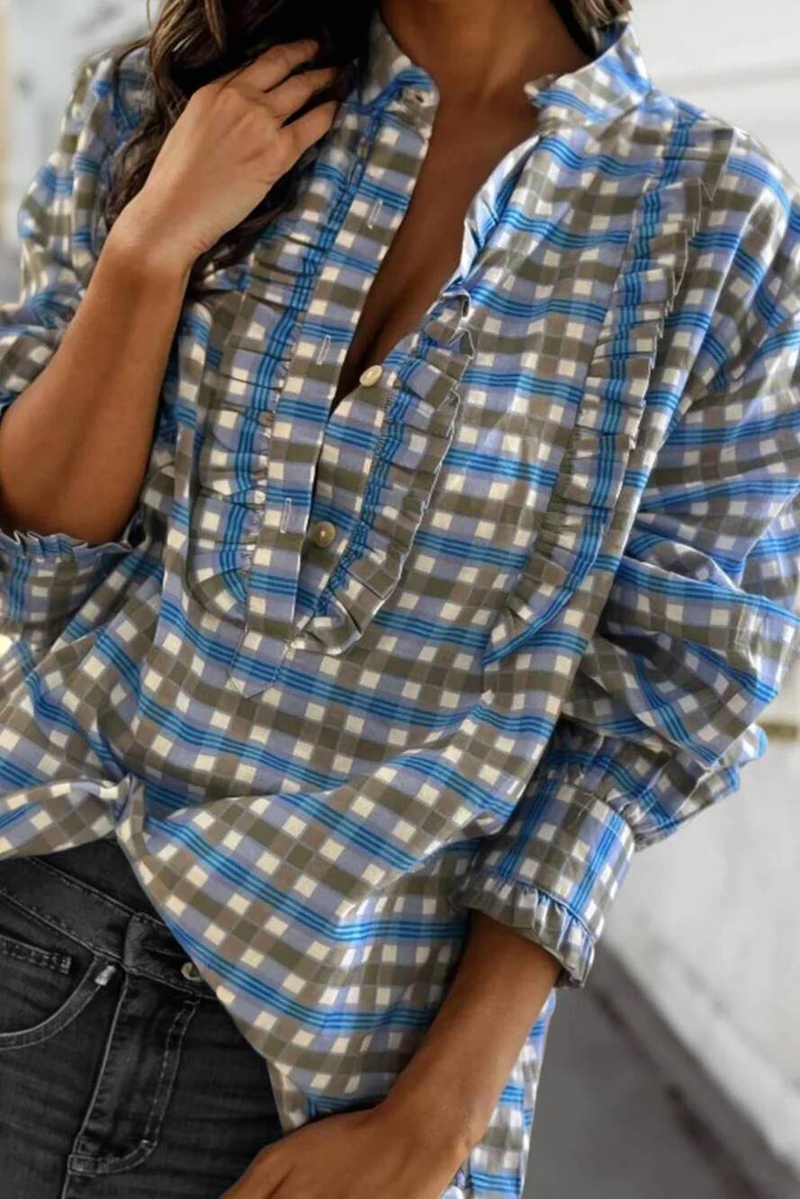 NEW AAPPARELLA plaid frilled detail half button blouse in sky blue